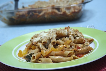 spinach, tomato and roasted pepper penne bake